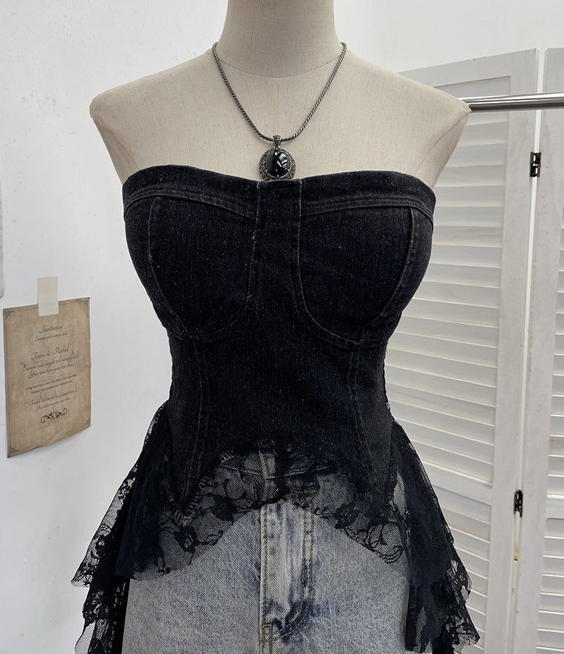 Cowboy patchwork lace ribbon irregular strapless top