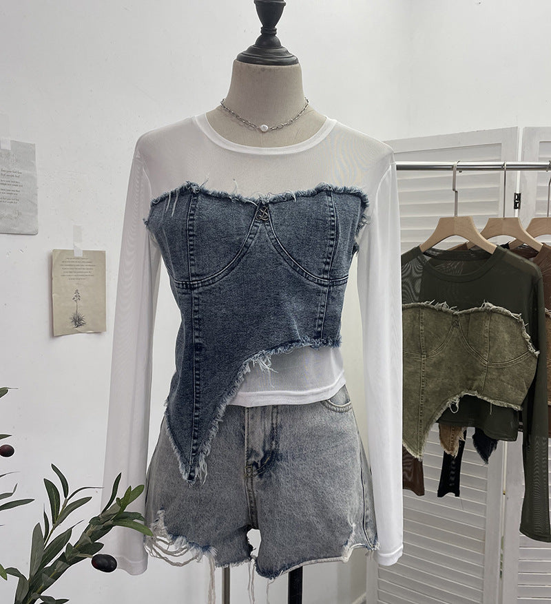 Cowboy patchwork long sleeved mesh T-shirt for women