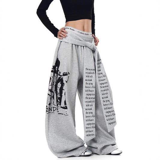 Structured Letter Print Tie-Overlay Heavyweight Sweatpants