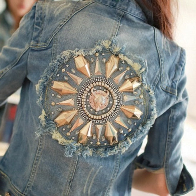 Cowboy Coats Leisure Outwear Slim Diamonds Half sleeve Women's Denim Blue Jacket Coat