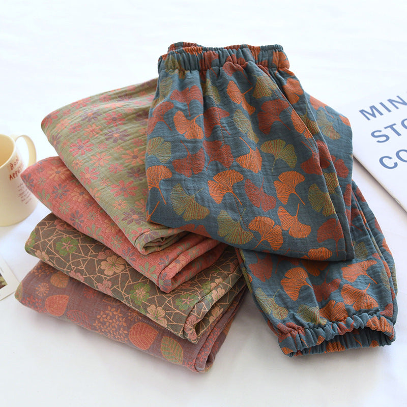 Spring and Summer Pure Cotton Gauze Home Fur Retro Floral Pants