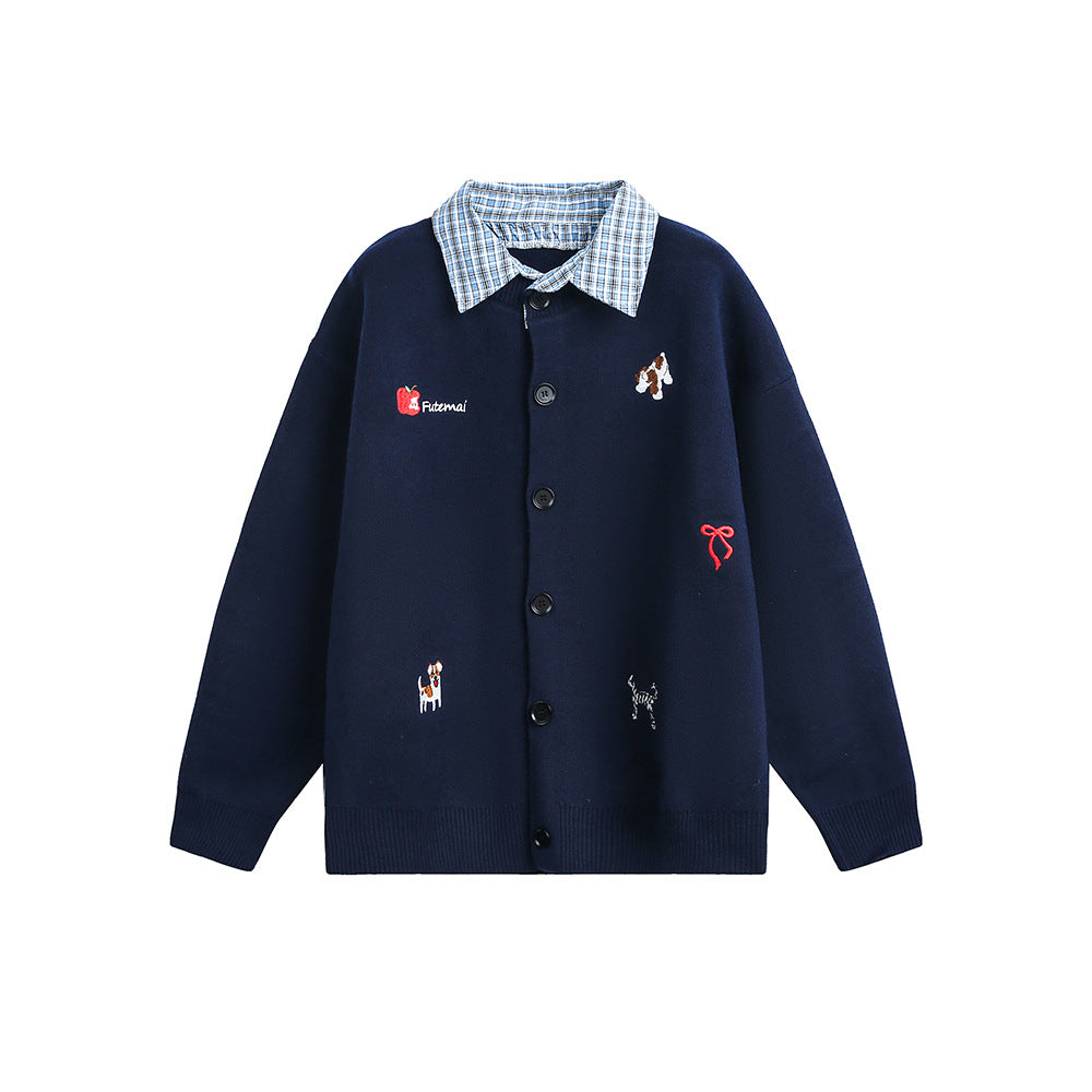 Embroidered plaid collar patchwork cardigan sweater
