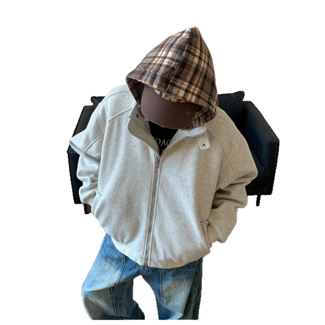 Plaid Faux Two-Piece Hooded Cotton Coat