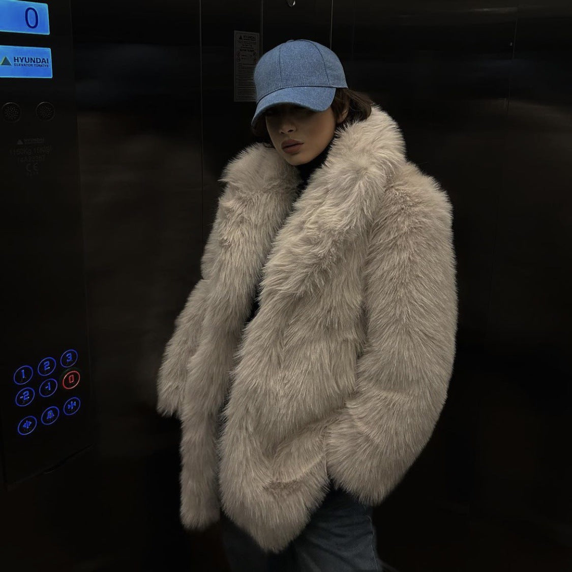 Khaki grey faux fur warm loose jacket