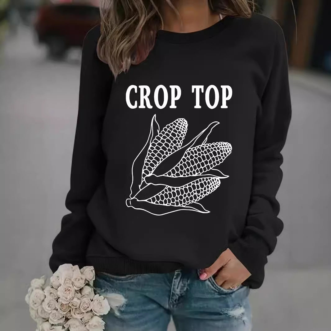 Round neck CROP corn print pullover sweatshirt