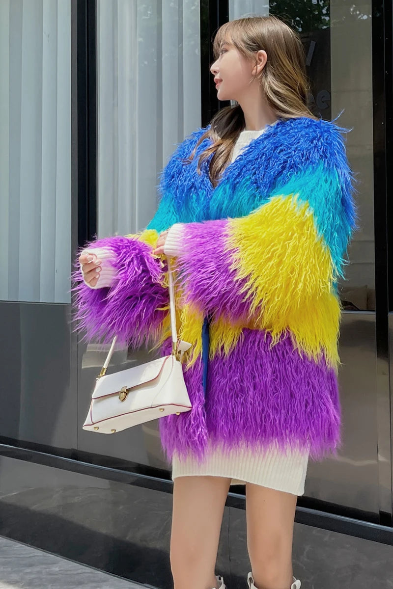 Women's Imitation Fur Stitching Contrast Colour Jacket