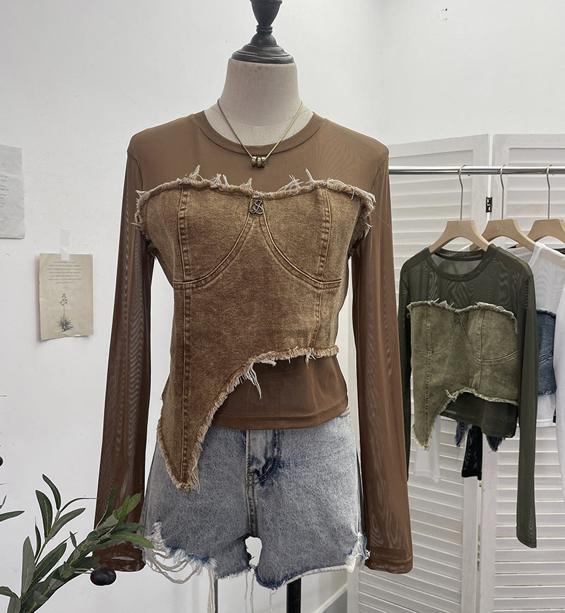 Cowboy patchwork long sleeved mesh T-shirt for women