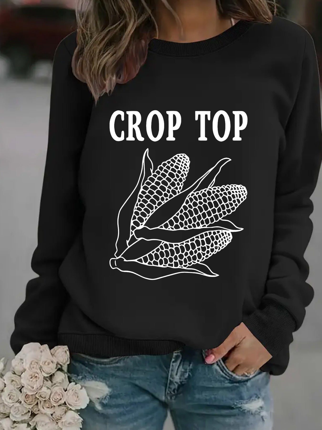 Round neck CROP corn print pullover sweatshirt