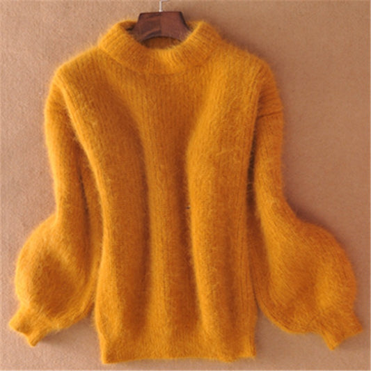 Imitation mink fur semi high neck knitted sweater