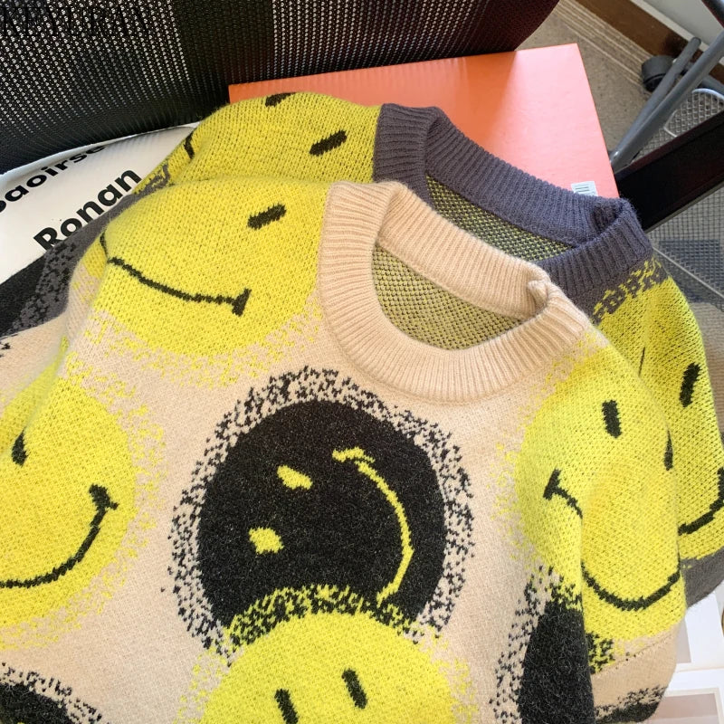 Lazy Style Autumn Winter  Smiling Face Jacquard Oversized Sweater