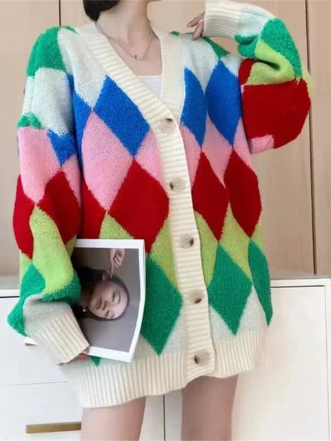 Oversized Cardigan Sweater Women's Loose Plaid V-neck Knitted Tops Coats Rainbow Color New Knit Fashion Women Sweaters