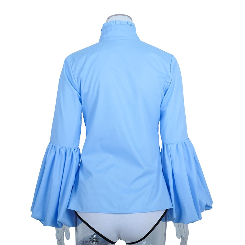 Long Wide Lantern Sleeve Blue Blouse