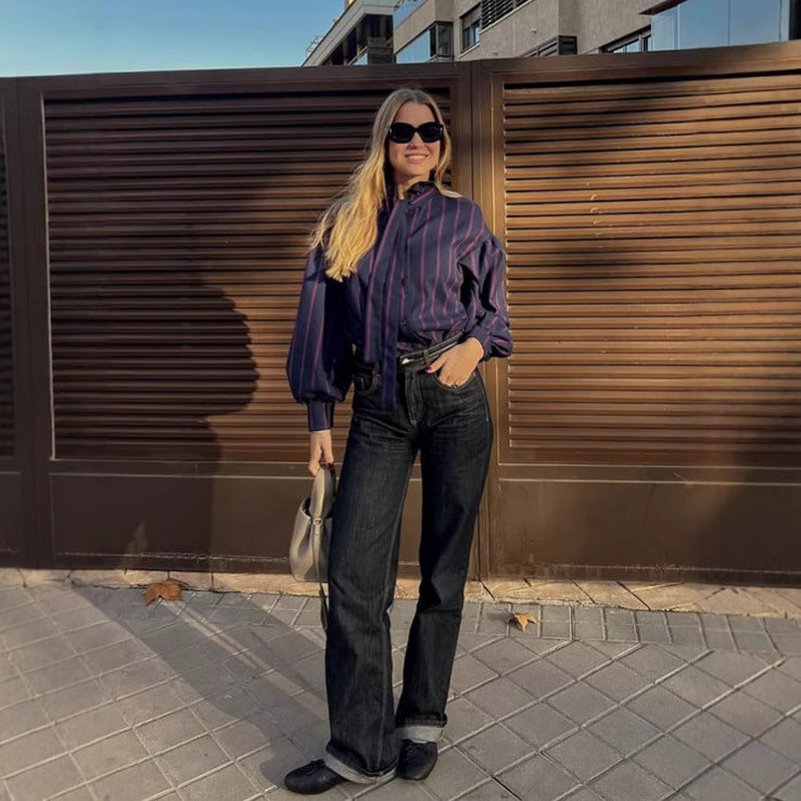 Casual Women Stripe Stand Collar Shirt
