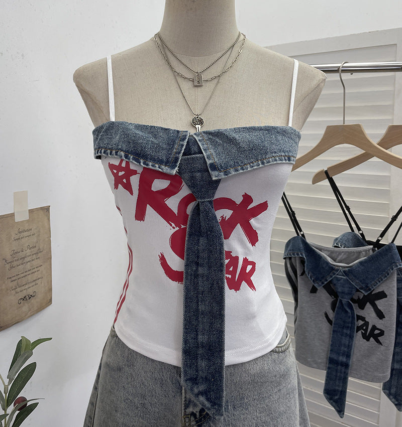 Cowboy patchwork printed tie camisole vest