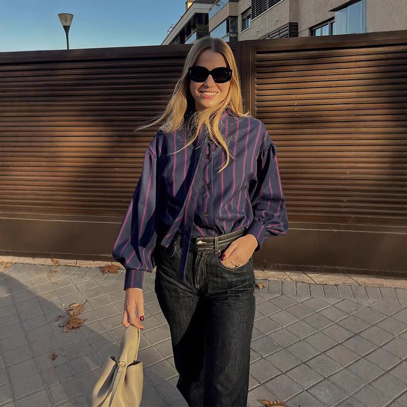 Casual Women Stripe Stand Collar Shirt