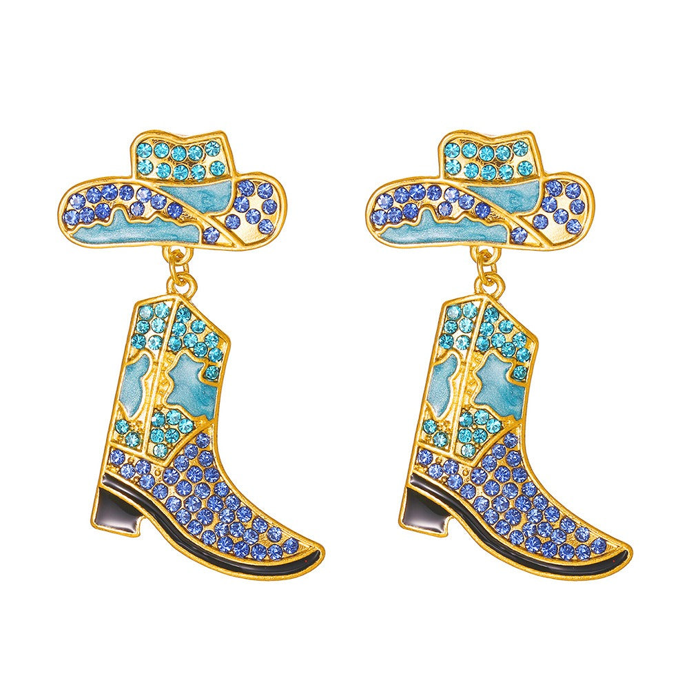 Alloy oil drop inlaid diamond Western cowboy hat boots earrings
