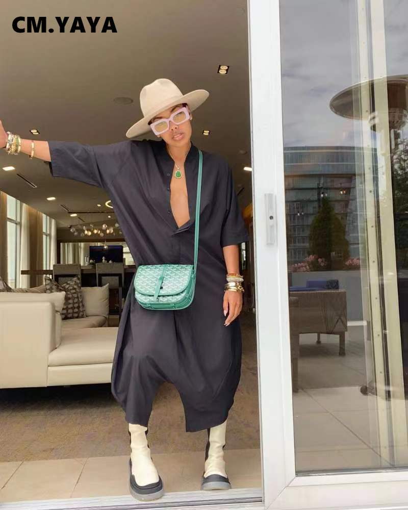 Jumpsuit Solid Half Sleeve Single Breasted Loose Ankle Length