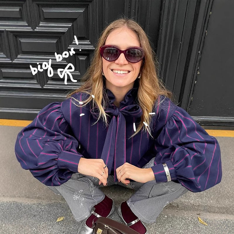 Casual Women Stripe Stand Collar Shirt