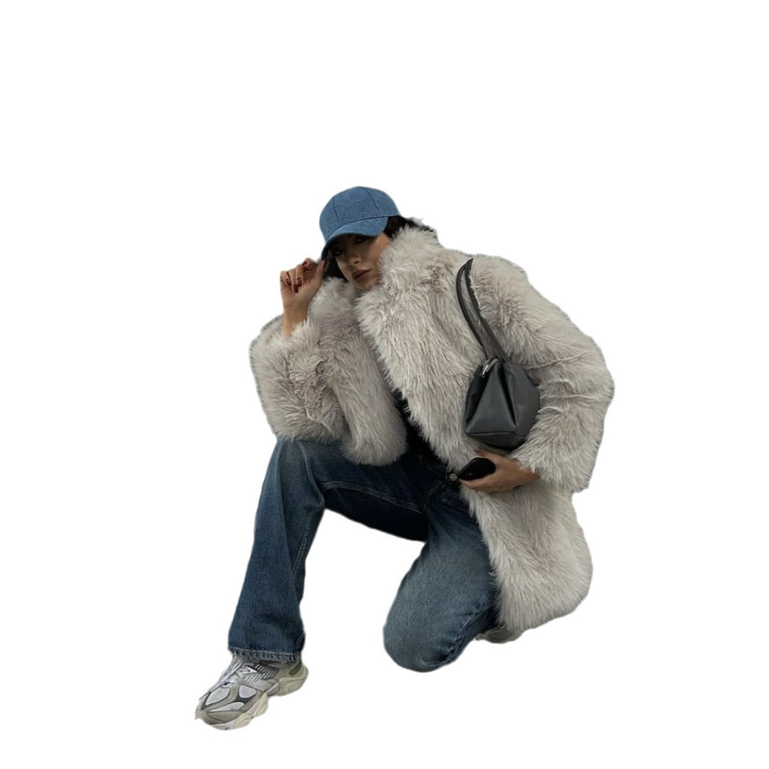 Khaki grey faux fur warm loose jacket
