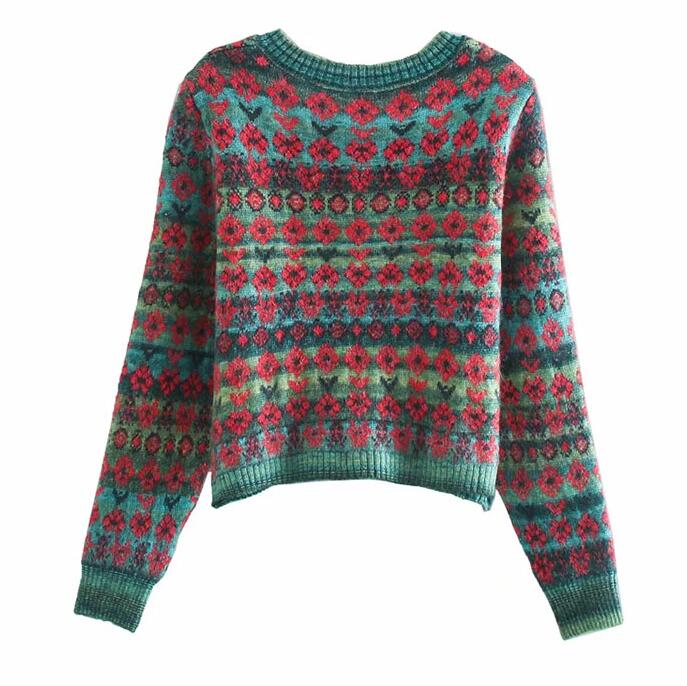 Vintage Square Collar Contrast Colour Flower Print Sweater