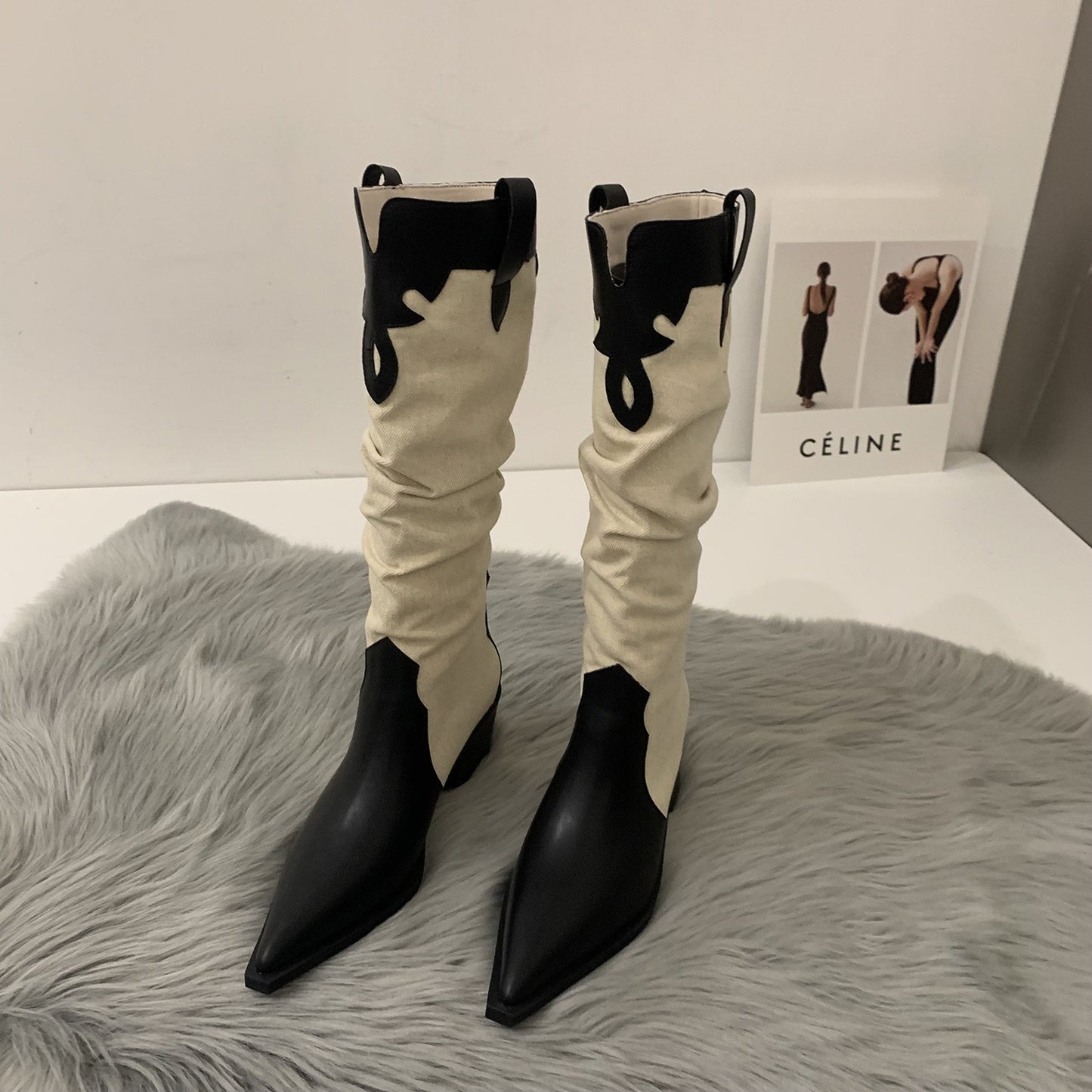 Western Cowboy Women's High Boots Low Heel Ladies Pointed Toe Knee High Boots Shoes Winter High Quality Suede Shoes
