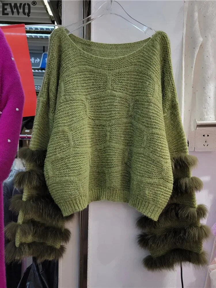 Vintage Faux Fur Patchwork Loose O-neck Thick Warm Pullover