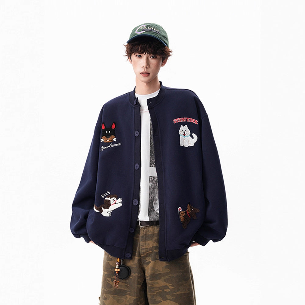 Fun Towel Embroidery Loose Hoodie Cardigan Men's Winter Fleece-Lined Thick Couple Jacket Oversized Baseball Jacket Trendy