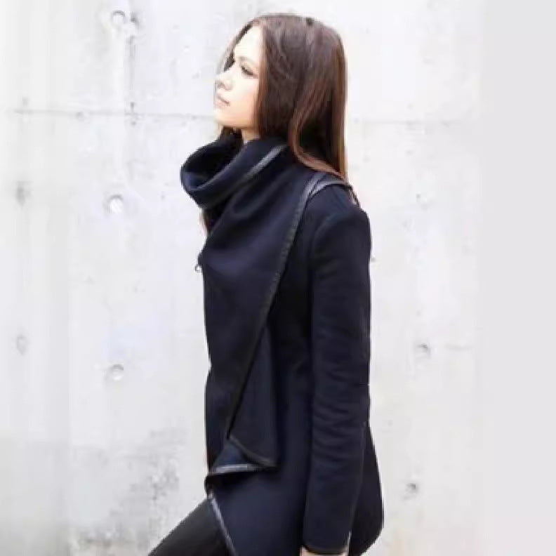 Fashion Asymmetric Solid Colour Split-Joint High-Neck Jacket