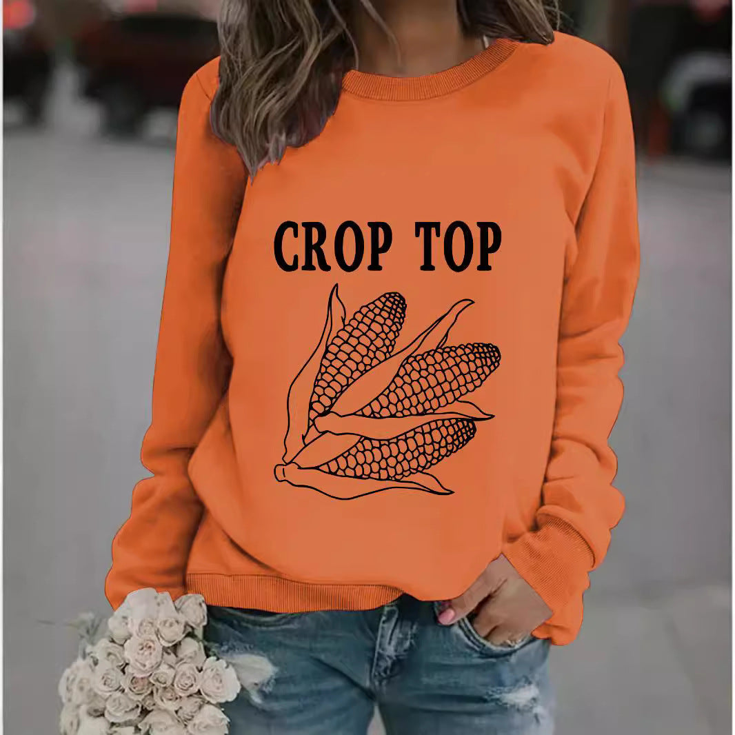 Round neck CROP corn print pullover sweatshirt