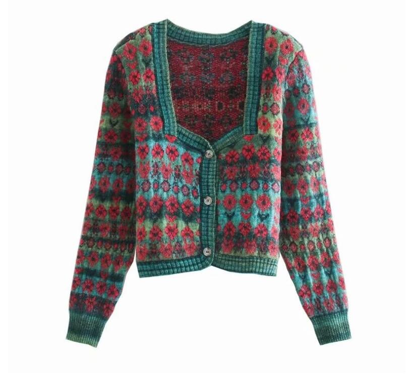 Vintage Square Collar Contrast Colour Flower Print Sweater