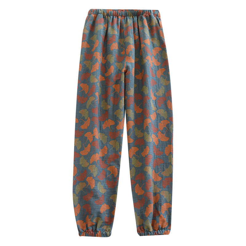 Spring and Summer Pure Cotton Gauze Home Fur Retro Floral Pants