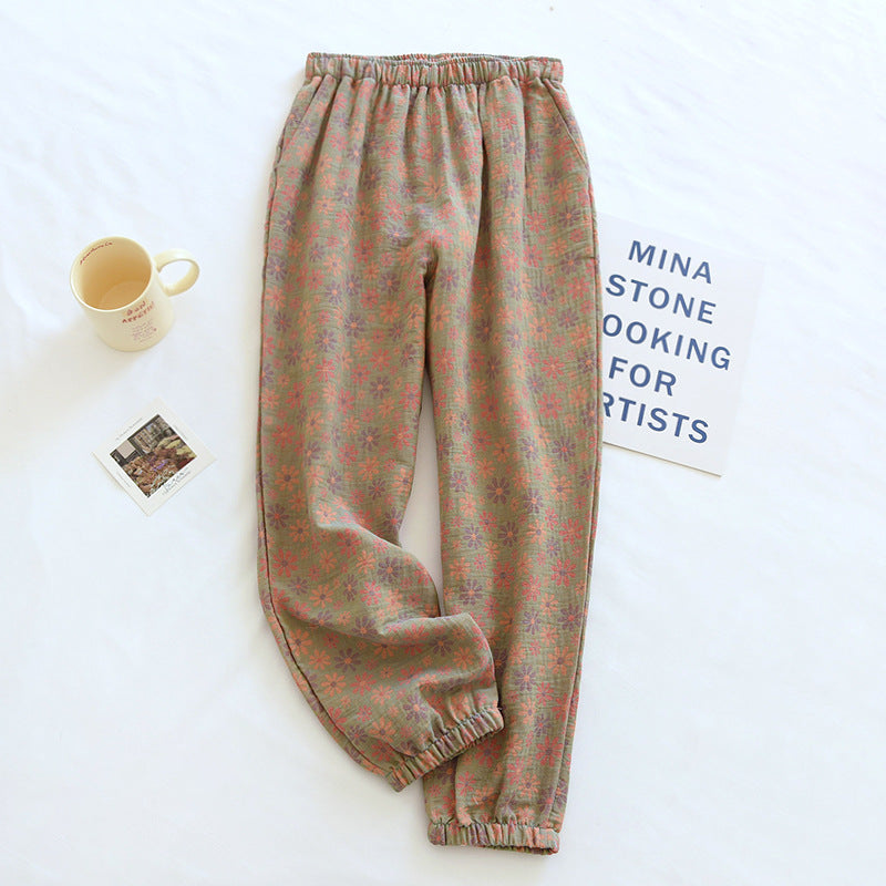Spring and Summer Pure Cotton Gauze Home Fur Retro Floral Pants