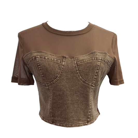 Cowboy patchwork mesh short sleeved T-shirt