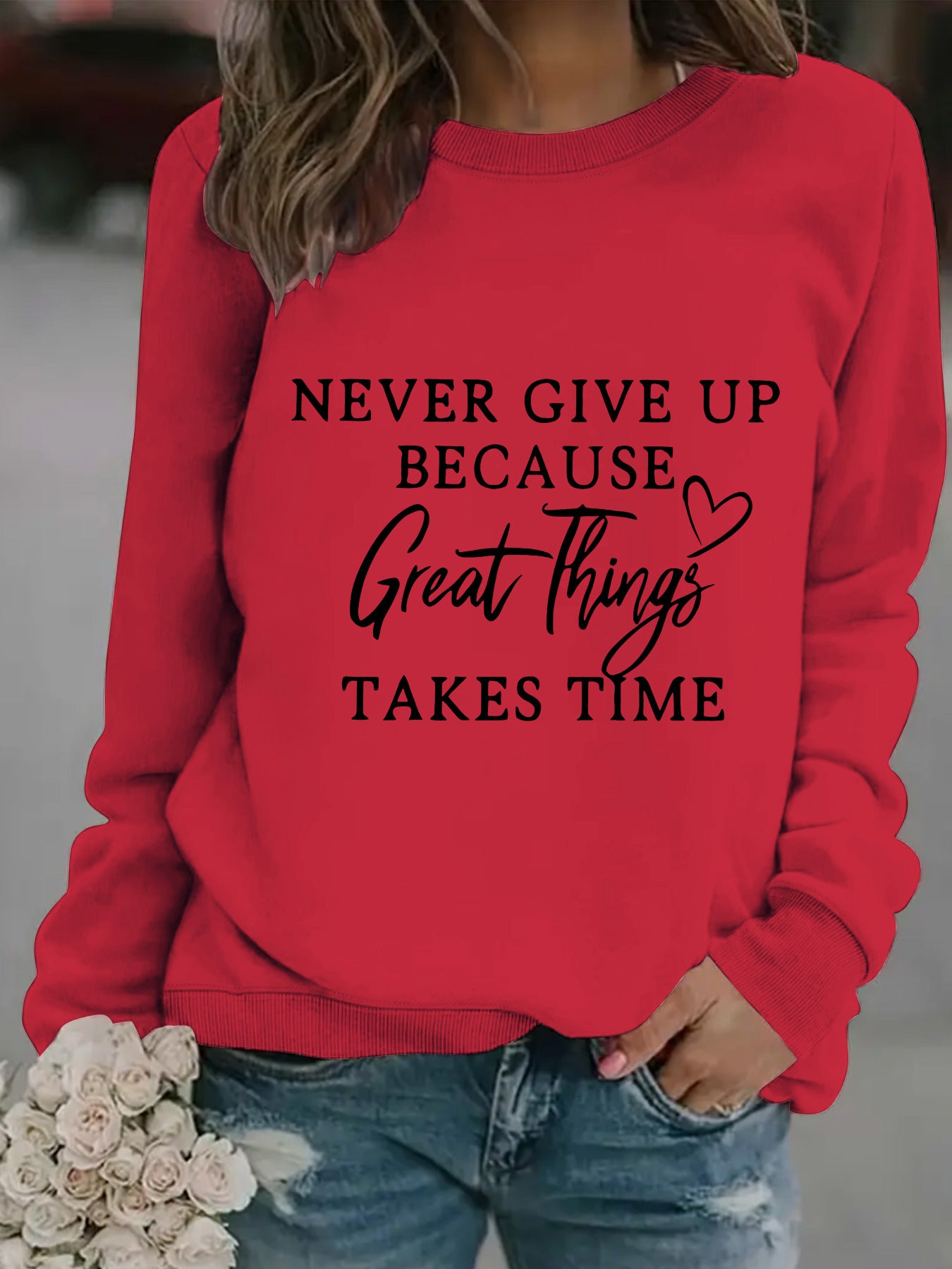 Long Sleeve Round Neck "NEVER GIVE" Print Crewneck Sweatshirt