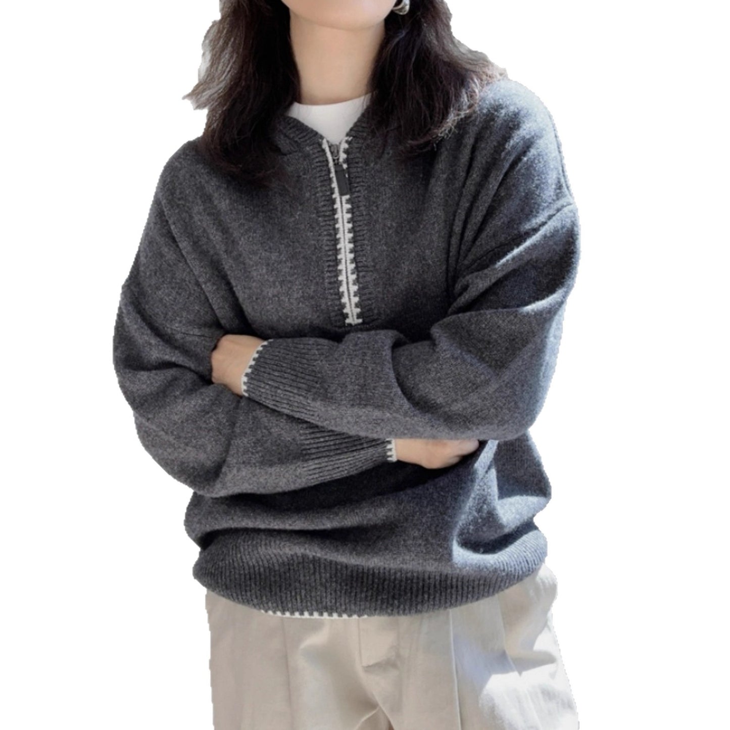 Relaxed Style Colour-blocked Ribbed Trim Half-zip Hoodie