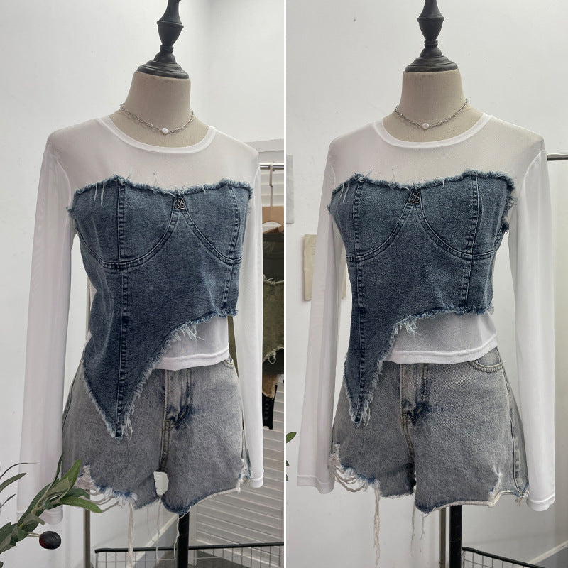Cowboy patchwork long sleeved mesh T-shirt for women