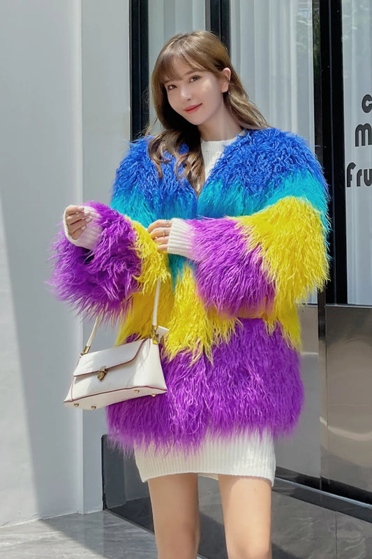 Women's Imitation Fur Stitching Contrast Colour Jacket