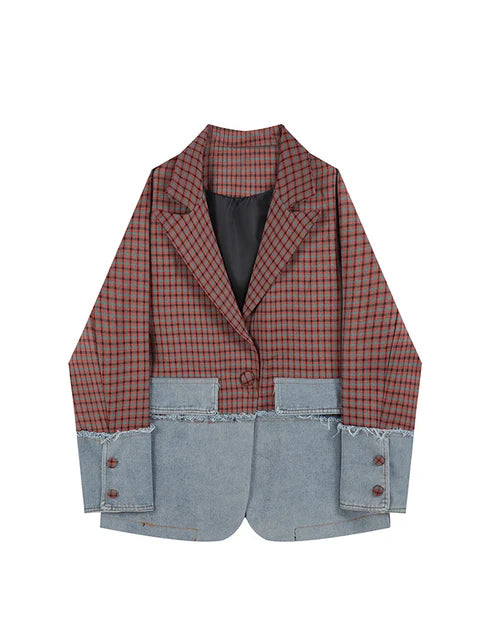 Women Plaid Patchwork Suit Jacket