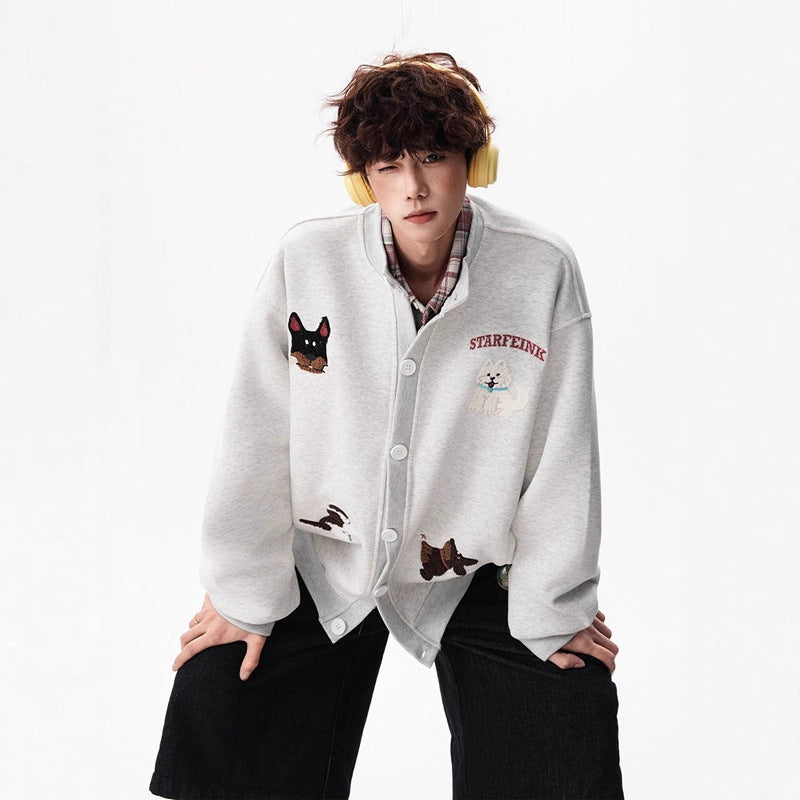 Fun Towel Embroidery Loose Hoodie Cardigan Men's Winter Fleece-Lined Thick Couple Jacket Oversized Baseball Jacket Trendy