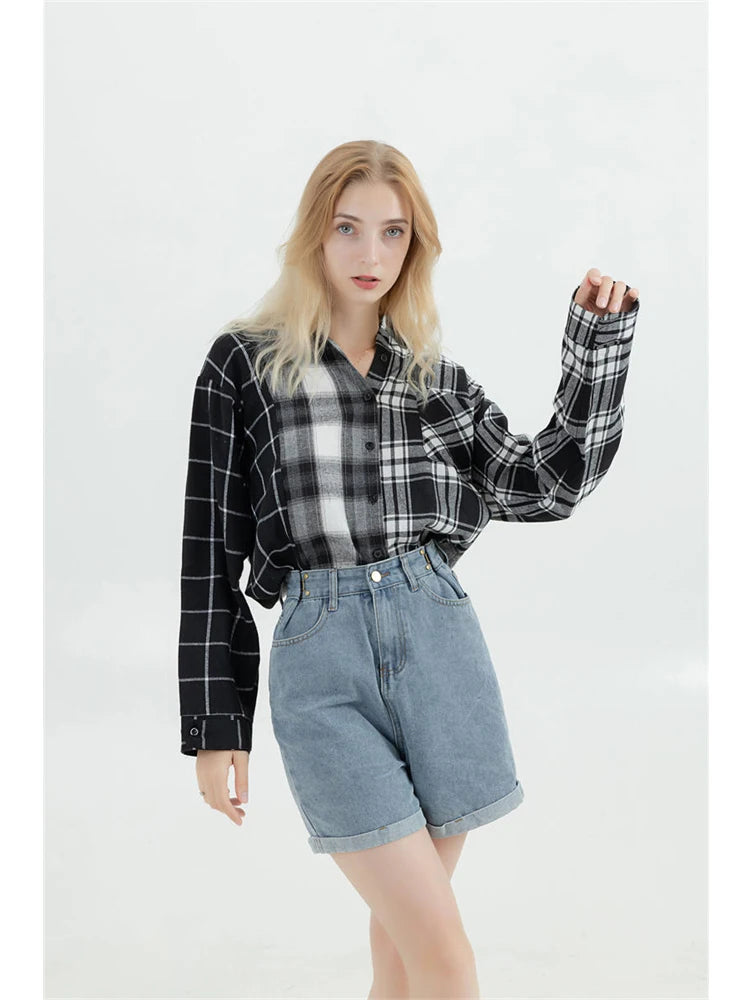 Oversized Plaid Patchwork Blouses