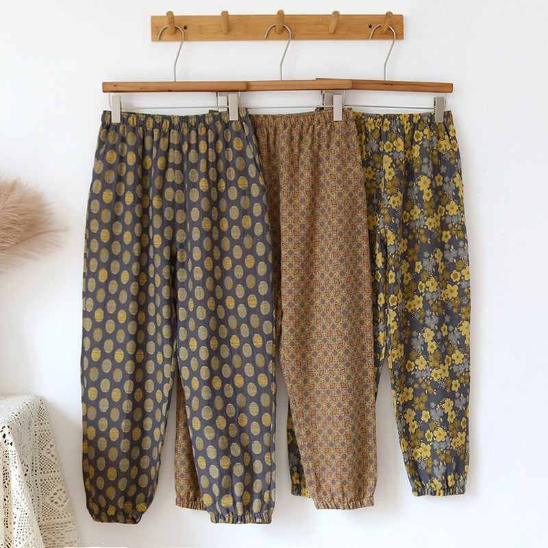Spring and Summer Pure Cotton Gauze Home Fur Retro Floral Pants