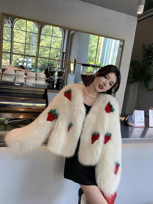Winter Crocheted Strawberry Imitation Fox Fur Fluffy Coat