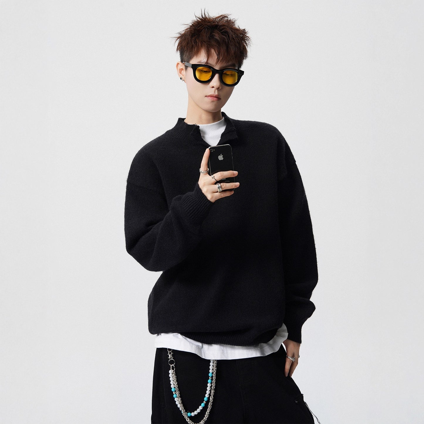 Faux Mink Solid Colour Half-High Neck Sweater