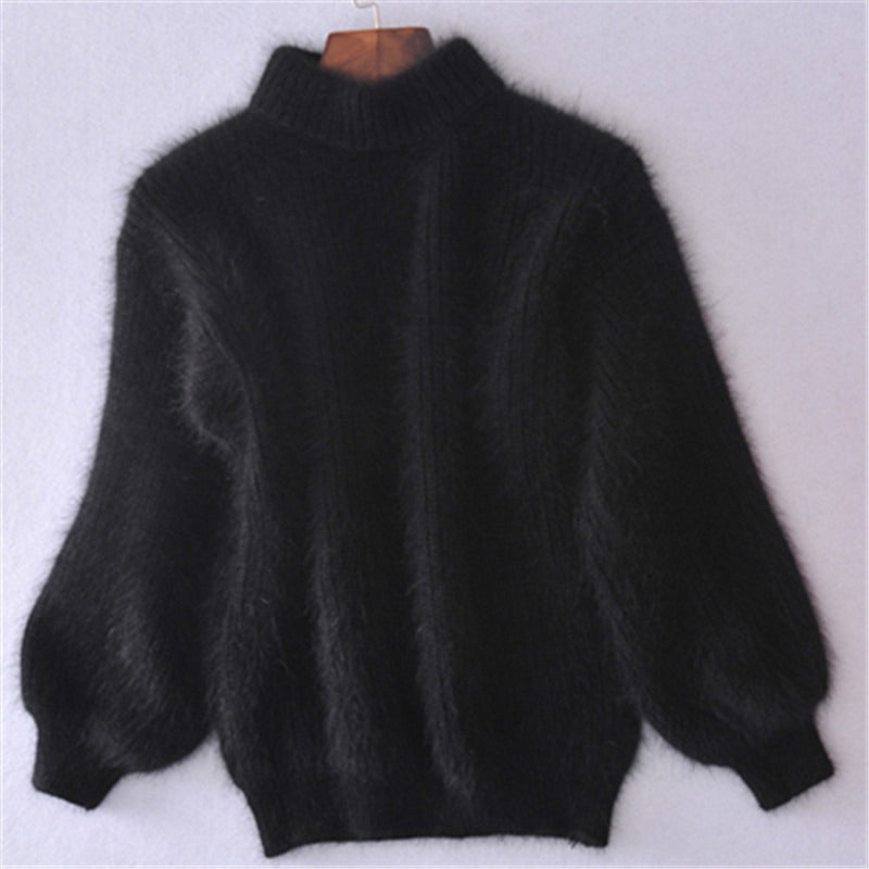 Imitation mink fur semi high neck knitted sweater