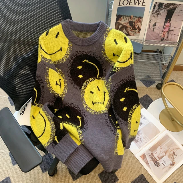 Lazy Style Autumn Winter  Smiling Face Jacquard Oversized Sweater
