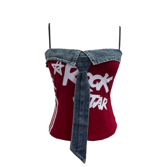 Cowboy patchwork printed tie camisole vest