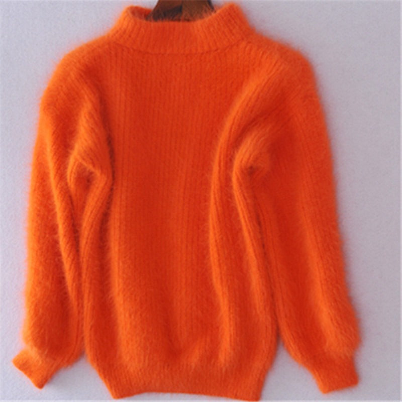 Imitation mink fur semi high neck knitted sweater