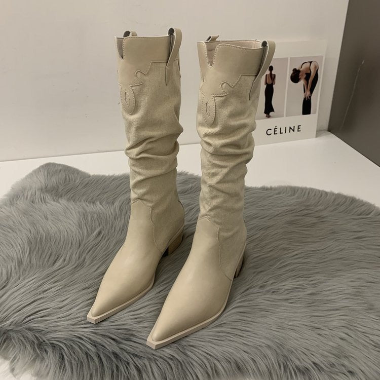 Western Cowboy Women's High Boots Low Heel Ladies Pointed Toe Knee High Boots Shoes Winter High Quality Suede Shoes