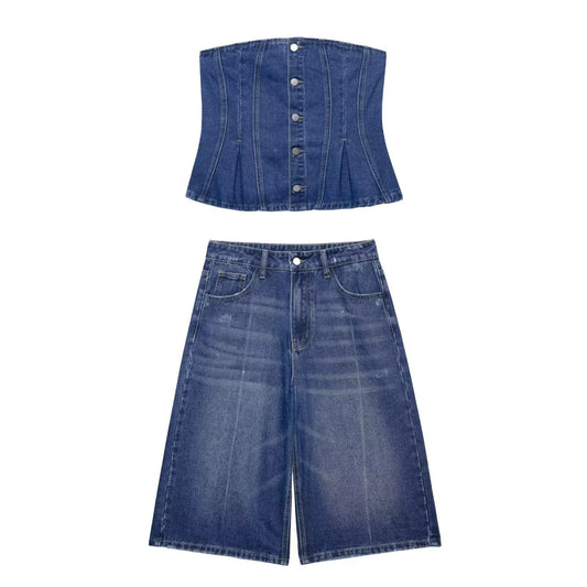 Cowboy corset+denim shorts set for women
