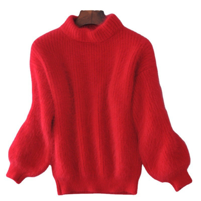 Imitation mink fur semi high neck knitted sweater